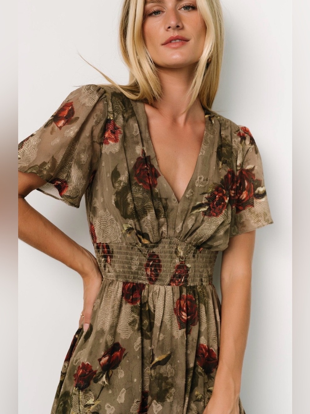 Baltic Born Olive Floral Maxi Dress with Red Rose Print large * cut tag - Picture 4 of 12